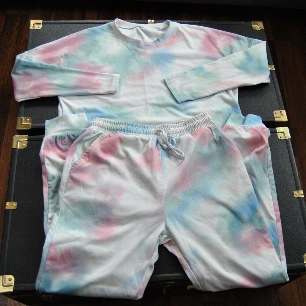 Tie Dye Long Sleeve Pajama Top & Bottom Set White, Pink, Blue Medium